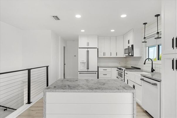 Interior, Kitchen, Pendant Lights, Recessed Lighting, Stainless Steel Appliances, Wood Texture Flooring