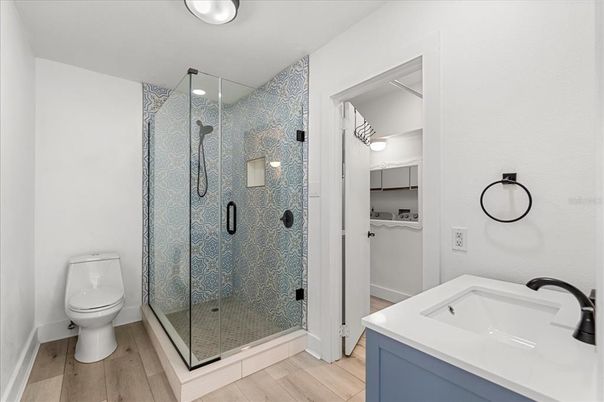 Bathroom, Glass Shower, Interior, Wood Texture Flooring