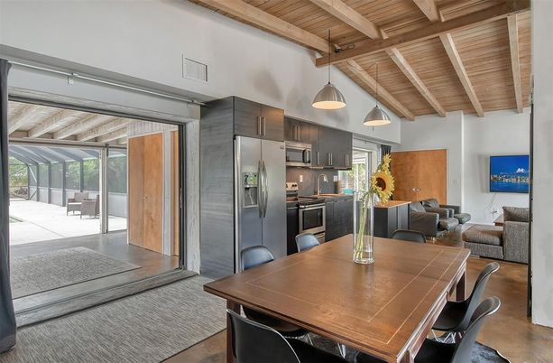 Dining room, Interior, Kitchen, Living room, Pendant Lights, Stainless Steel Appliances, Wooden Beams, Wooden Ceilings, Wood Texture Flooring