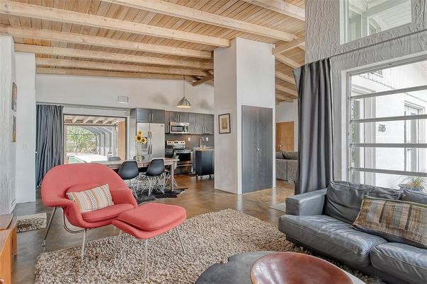 Dining room, Interior, Kitchen, Living room, Pendant Lights, Stainless Steel Appliances, Wooden Beams, Wooden Ceilings, Wood Texture Flooring