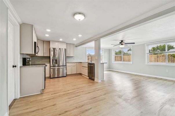 Interior, Kitchen, Recessed Lighting, Stainless Steel Appliances, Wood Texture Flooring
