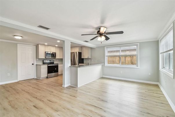Interior, Kitchen, Recessed Lighting, Stainless Steel Appliances, Wood Texture Flooring