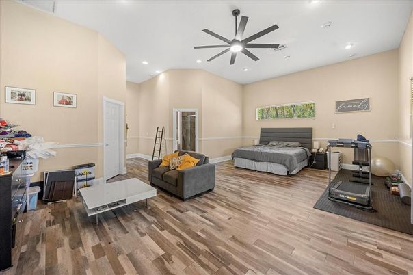 Bedroom, Fitness Equipment, Interior, Recessed Lighting, Wood Texture Flooring