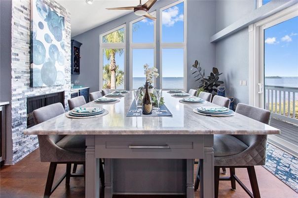 Dining room, Fireplace, Interior, Water, Wood Texture Flooring