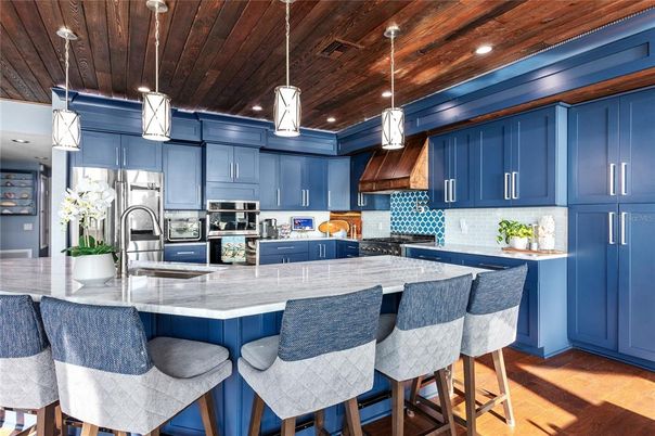 Interior, Kitchen, Pendant Lights, Recessed Lighting, Stainless Steel Appliances, Wooden Ceilings, Wood Texture Flooring