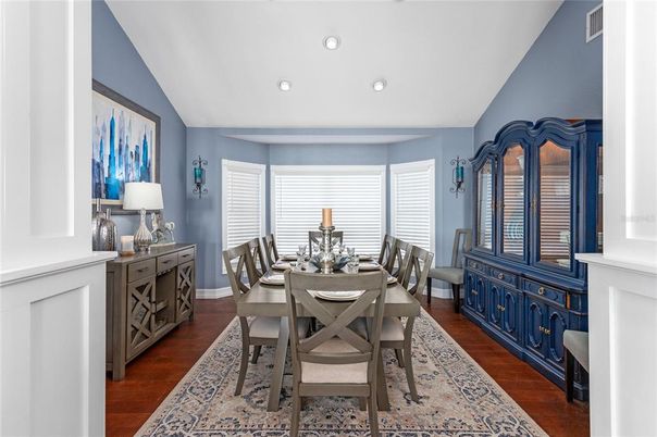 Dining room, Interior, Recessed Lighting, Wood Texture Flooring