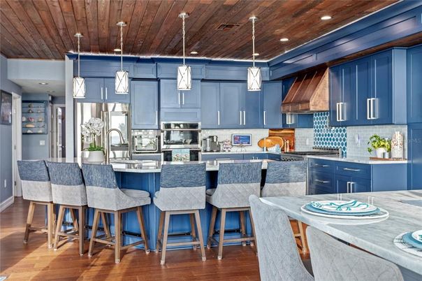 Interior, Kitchen, Pendant Lights, Recessed Lighting, Stainless Steel Appliances, Wooden Ceilings, Wood Texture Flooring