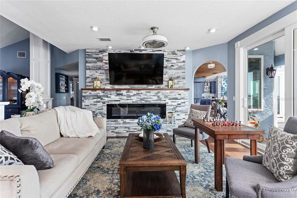 Fireplace, Interior, Living room, Recessed Lighting, Stone Walls