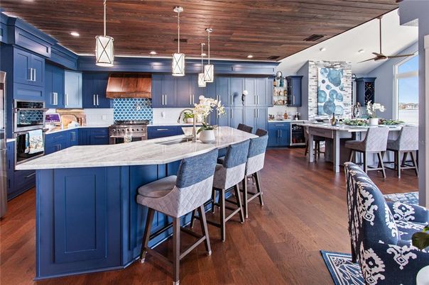 Interior, Kitchen, Pendant Lights, Recessed Lighting, Stainless Steel Appliances, Wooden Ceilings, Wood Texture Flooring