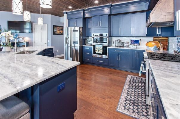 Interior, Kitchen, Pendant Lights, Recessed Lighting, Stainless Steel Appliances, Wooden Ceilings, Wood Texture Flooring