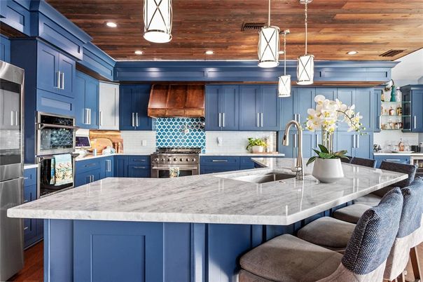 Interior, Kitchen, Pendant Lights, Recessed Lighting, Stainless Steel Appliances, Wooden Ceilings, Wood Texture Flooring