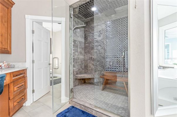 Bathroom, Glass Shower, Interior, Marble Walls, Recessed Lighting