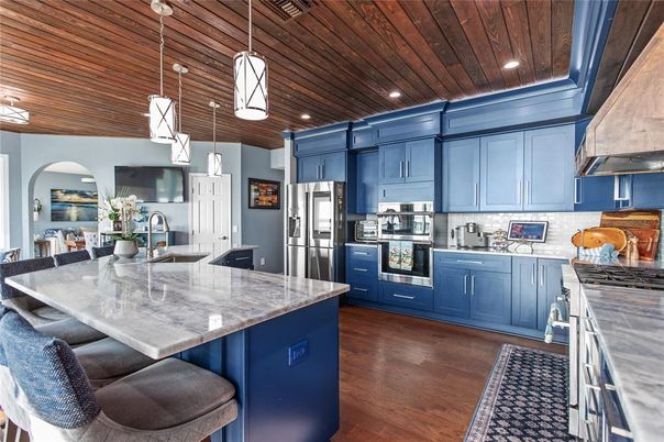 Interior, Kitchen, Pendant Lights, Recessed Lighting, Stainless Steel Appliances, Wooden Ceilings, Wood Texture Flooring