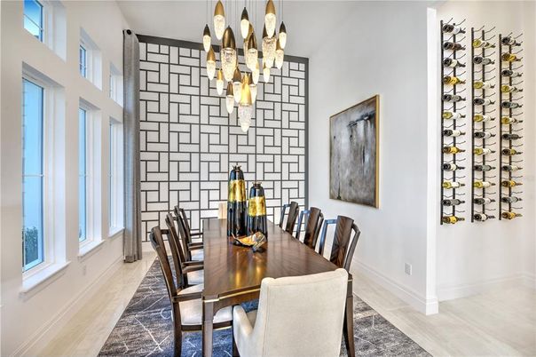 Dining room, Interior, Pendant Lights, Wine Storage, Wood Texture Flooring
