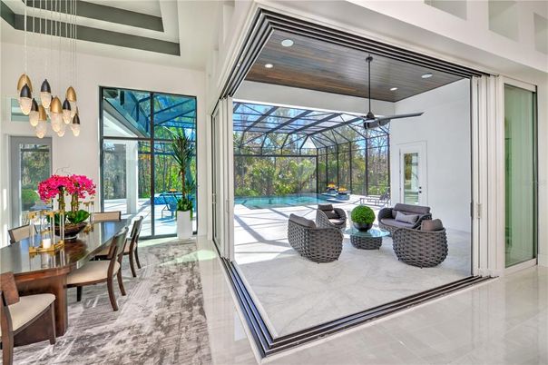 Dining room, Glass Ceilings, Interior, Pendant Lights, Pool, Recessed Lighting, Sun Room, Wooden Ceilings