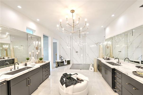 Bathroom, Chandelier, Dual Sink Vanities, Glass Shower, Interior, Marble, Marble Walls, Recessed Lighting