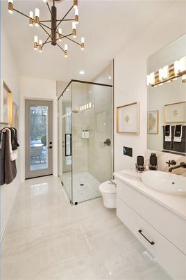 Bathroom, Dual Sink Vanities, Glass Shower, Interior, Pendant Lights, Recessed Lighting