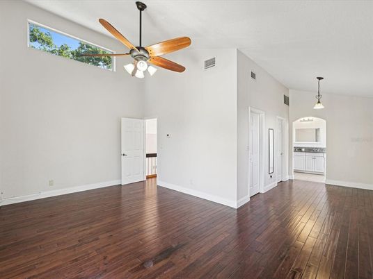 Empty room, Interior, Pendant Lights, Wood Texture Flooring