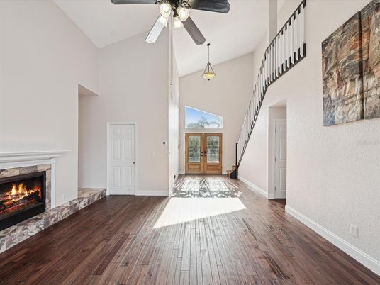 Fireplace, Interior, Pendant Lights, Wood Texture Flooring