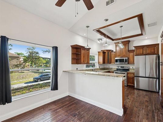 Interior, Kitchen, Pendant Lights, Recessed Lighting, Stainless Steel Appliances, Wood Texture Flooring