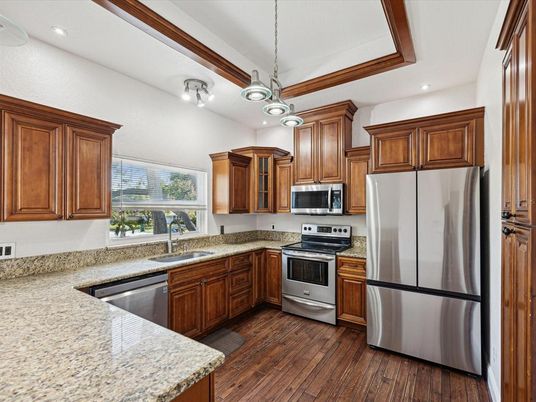 Interior, Kitchen, Pendant Lights, Recessed Lighting, Stainless Steel Appliances, Wood Texture Flooring