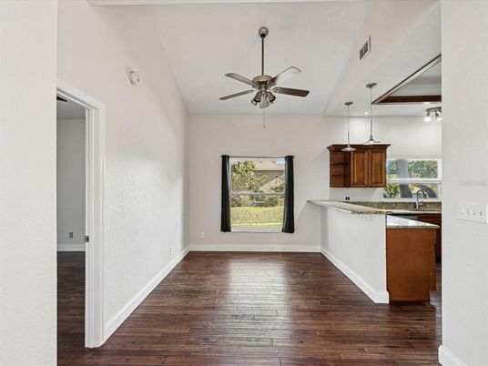 Interior, Kitchen, Pendant Lights, Wood Texture Flooring