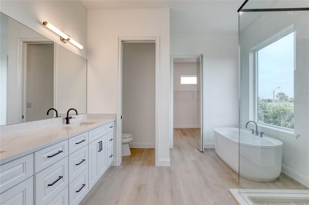 Bathroom, Dual Sink Vanities, Free Standing Baths, Interior, Wood Texture Flooring