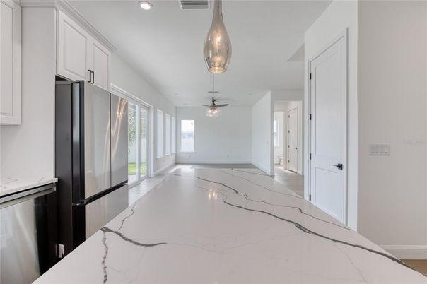 Interior, Kitchen, Marble, Pendant Lights, Recessed Lighting