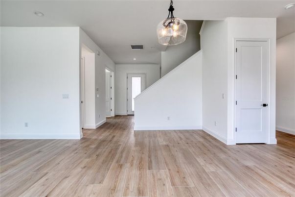 Empty room, Interior, Pendant Lights, Recessed Lighting, Wood Texture Flooring