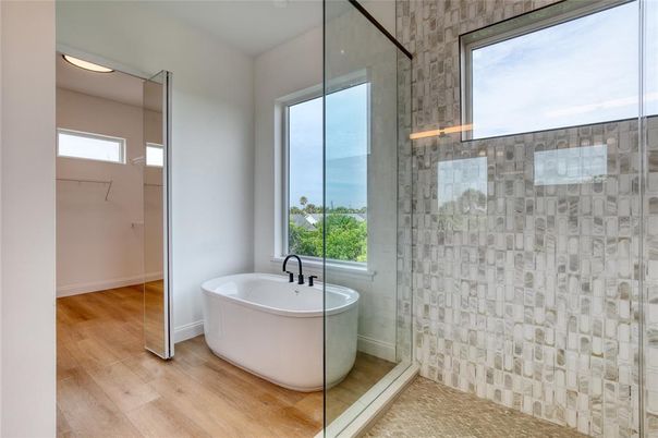 Bathroom, Free Standing Baths, Glass Shower, Interior, Wood Texture Flooring