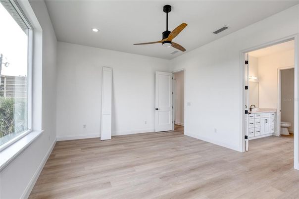 Bathroom, Empty room, Interior, Recessed Lighting, Wood Texture Flooring