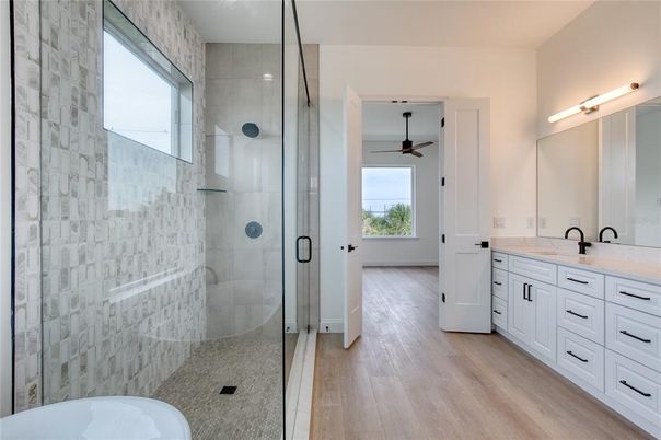 Bathroom, Glass Shower, Interior, Wood Texture Flooring