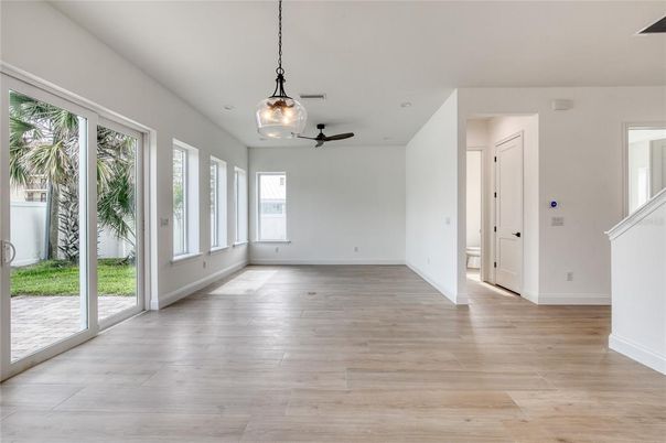 Empty room, Interior, Pendant Lights, Recessed Lighting, Wood Texture Flooring