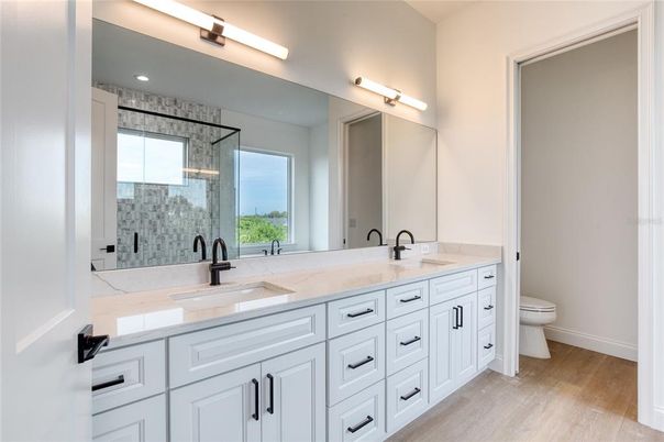 Bathroom, Dual Sink Vanities, Glass Shower, Interior, Wood Texture Flooring