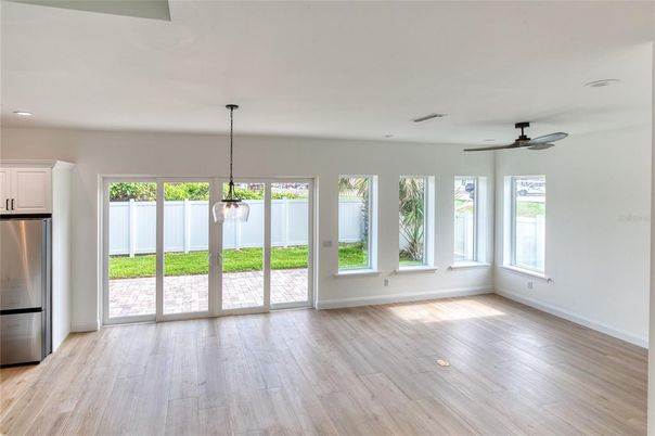 Empty room, Interior, Kitchen, Pendant Lights, Recessed Lighting, Stainless Steel Appliances, Wood Texture Flooring