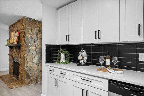 Fireplace, Interior, Kitchen, Stone Walls, Wood Texture Flooring