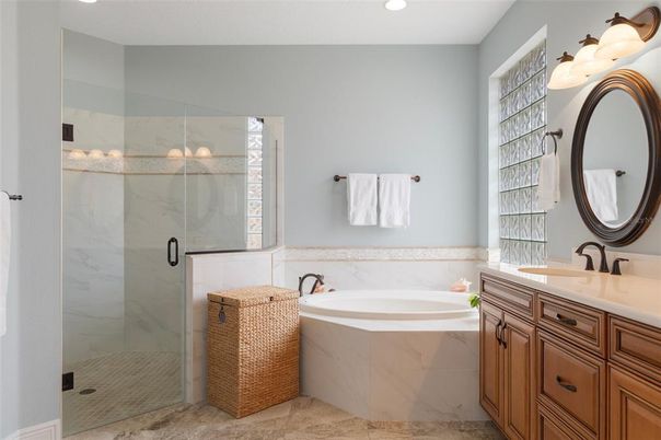 Bathroom, Glass Shower, Interior, Marble Walls, Recessed Lighting