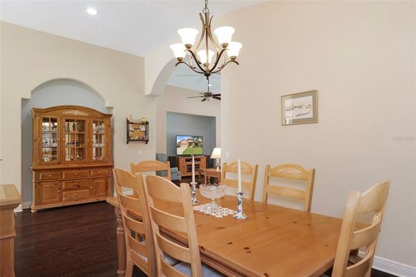 Chandelier, Dining room, Interior, Recessed Lighting, Wood Texture Flooring