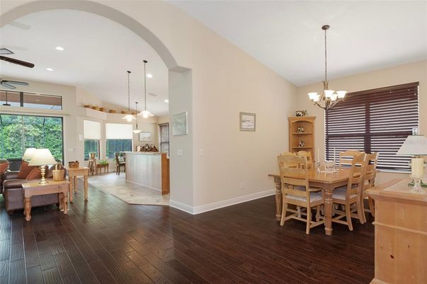 Chandelier, Dining room, Interior, Pendant Lights, Recessed Lighting, Wood Texture Flooring