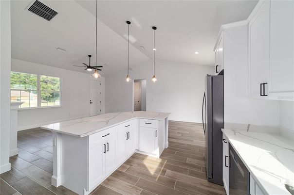 Interior, Kitchen, Pendant Lights, Recessed Lighting, Wood Texture Flooring