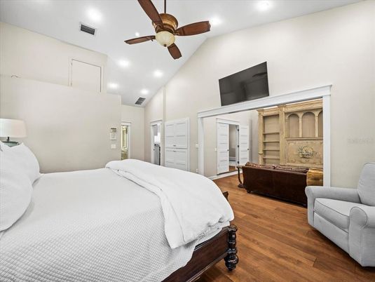 Bedroom, Interior, Recessed Lighting, Wood Texture Flooring