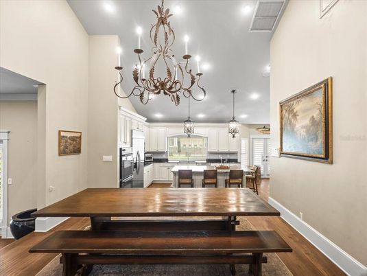 Chandelier, Dining room, Interior, Kitchen, Pendant Lights, Recessed Lighting, Wood Texture Flooring