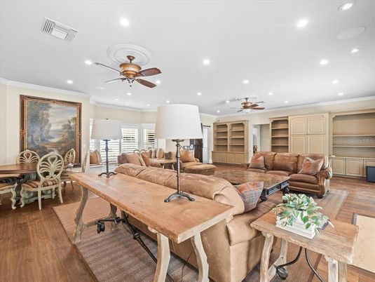 Home Office, Interior, Living room, Recessed Lighting, Wood Texture Flooring
