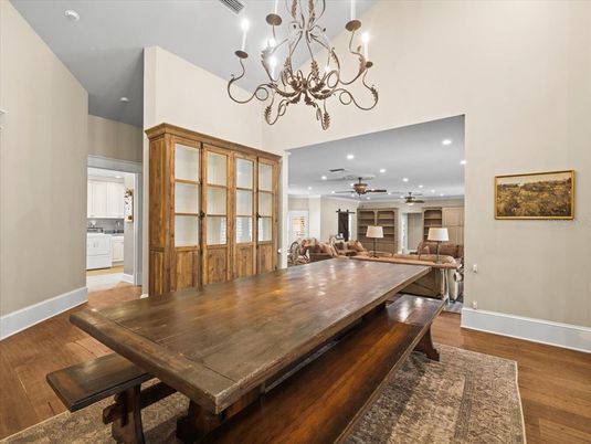Chandelier, Dining room, Interior, Recessed Lighting, Wood Texture Flooring