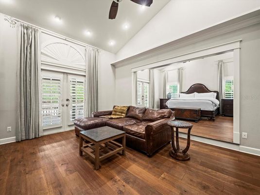 Bedroom, Interior, Living room, Recessed Lighting, Wood Texture Flooring