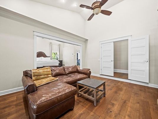 Bedroom, Interior, Living room, Recessed Lighting, Wood Texture Flooring
