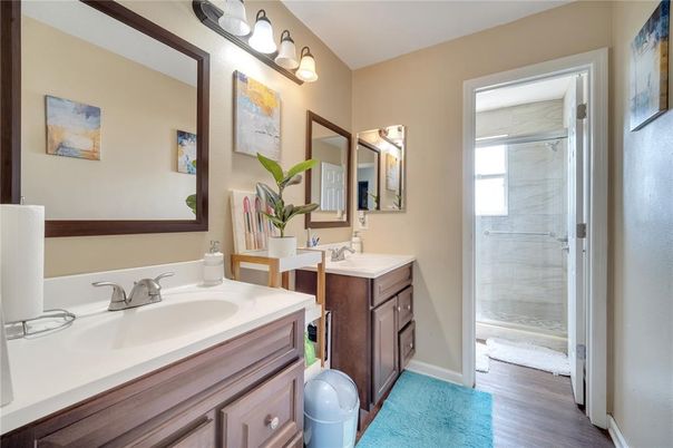 Bathroom, Dual Sink Vanities, Glass Shower, Interior, Wood Texture Flooring