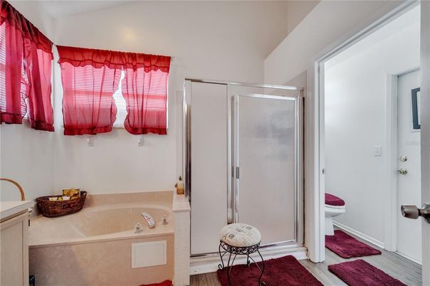 Bathroom, Glass Shower, Interior, Wood Texture Flooring