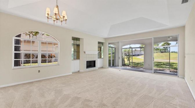 Chandelier, Empty room, Fireplace, Interior