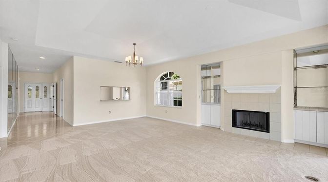 Chandelier, Empty room, Fireplace, Interior, Recessed Lighting